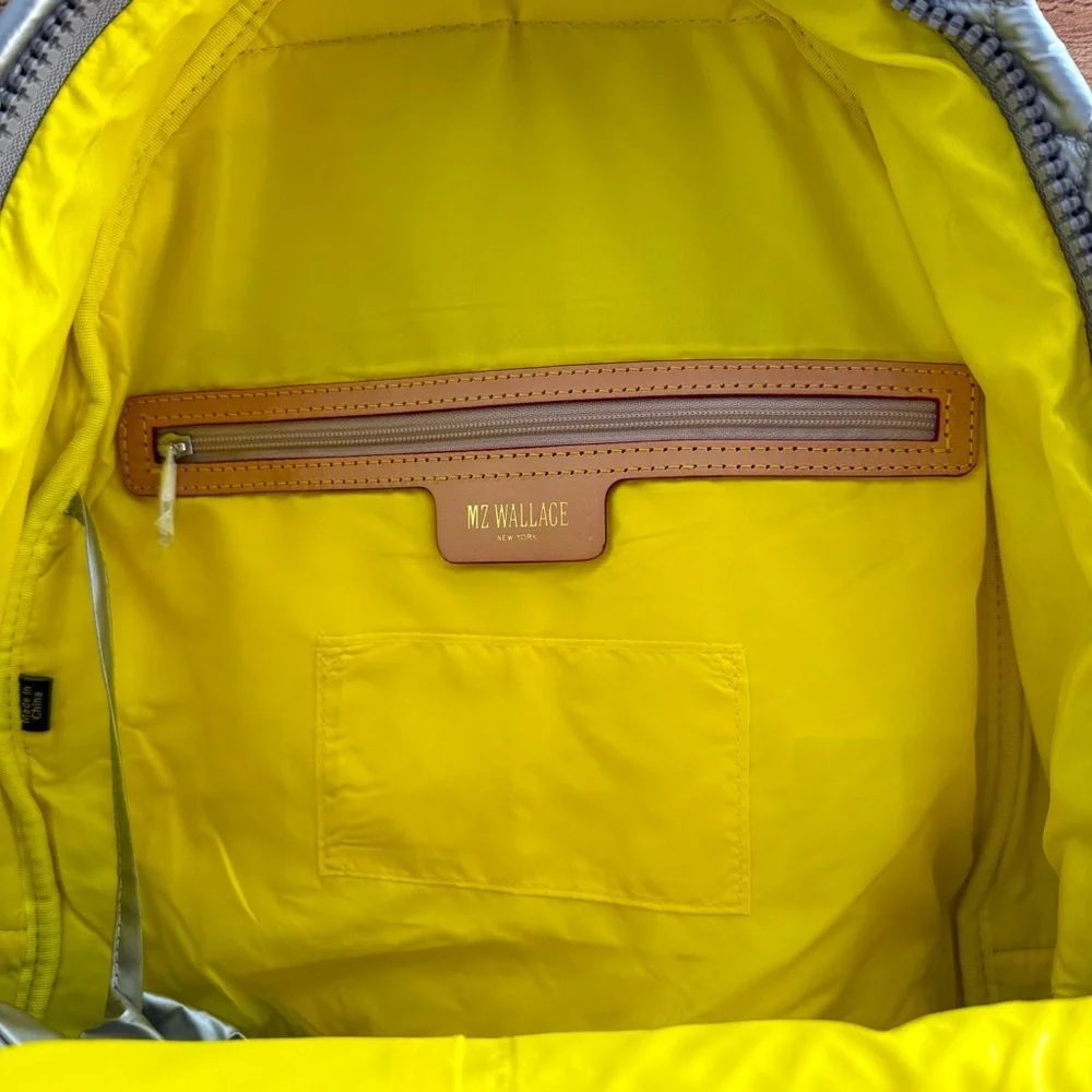 MZ Wallace Silver Quilted Nylon Backpack with Tan Leather Accents